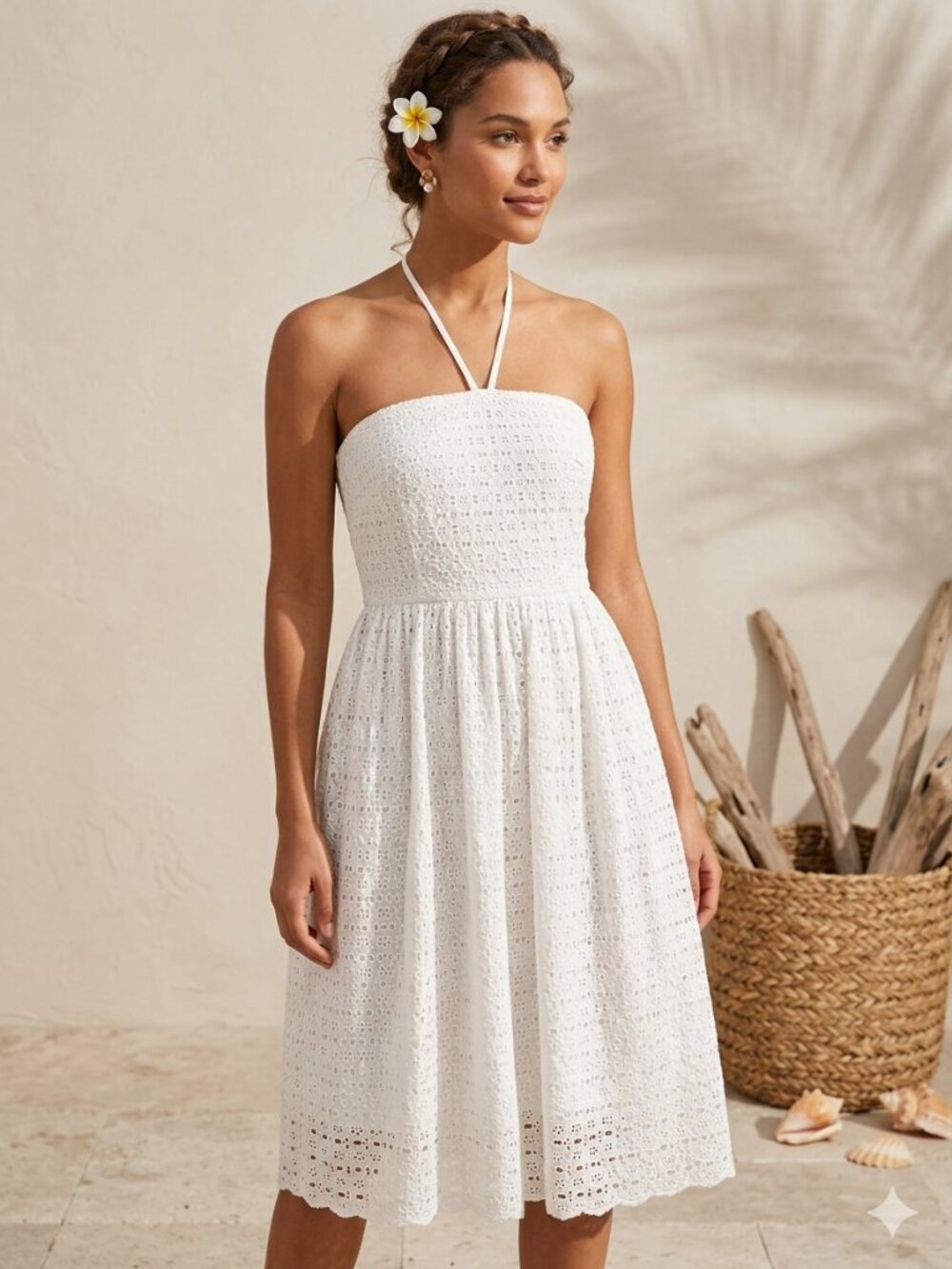 HD in Paris Anthropologie Women’s Halter Eyelet Dress 4 White Cotton Pockets